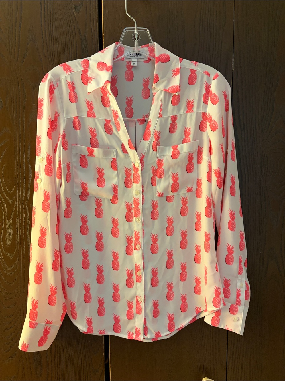 Express White Button-Up Shirt with Pink Pineapple Print. Size XS